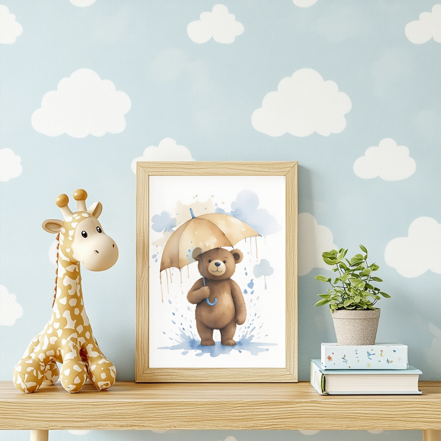 Bear with Umbrella Nursery Wall Art Print
