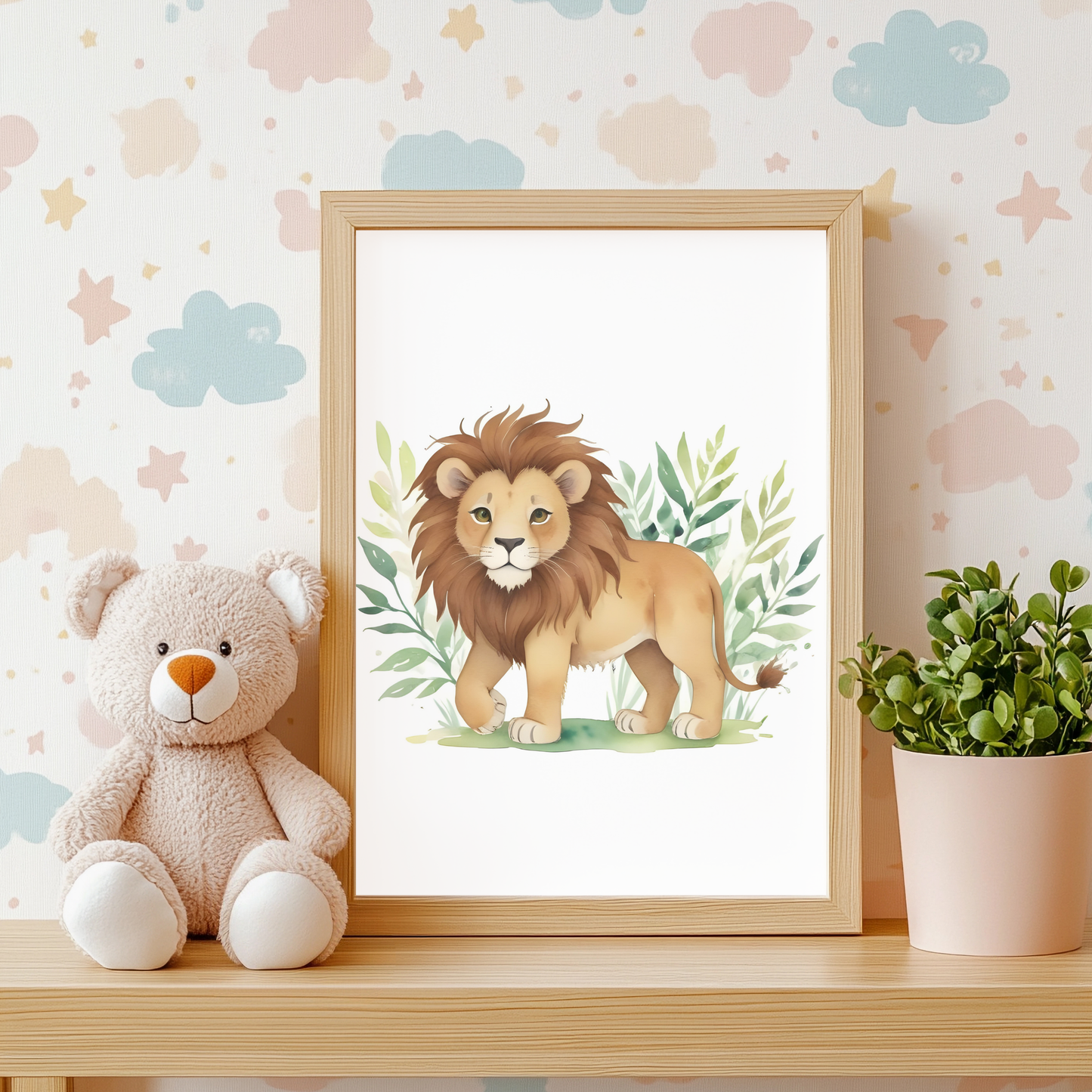 Baby Lion Nursery Wall Art – Safari Animal Kids Print
