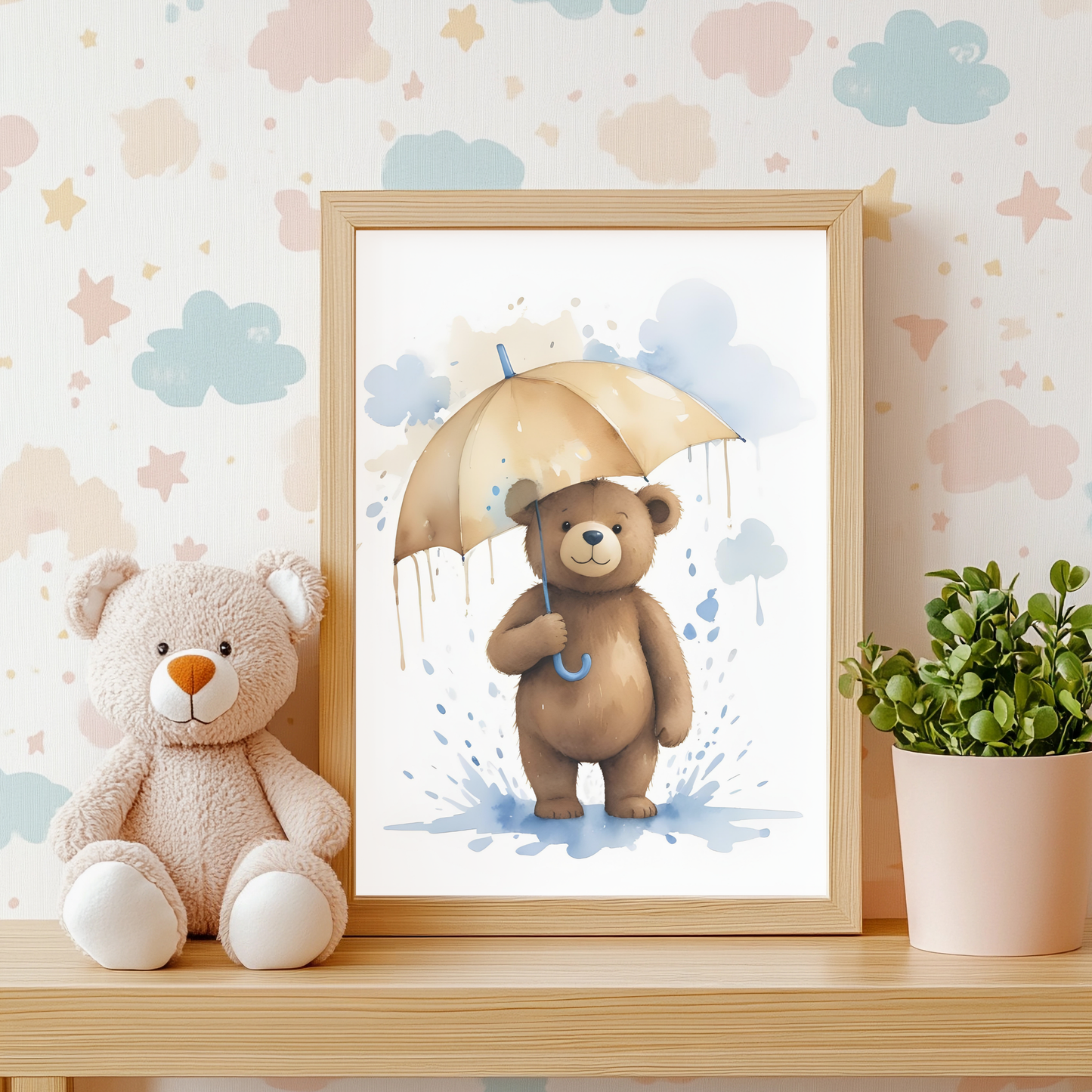 Bear with Umbrella Nursery Wall Art Print