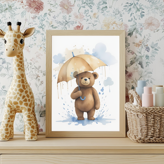 Bear with Umbrella Nursery Wall Art Print